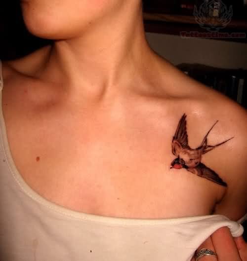 3D Flying Swallow Tattoo On Girl Collarbone