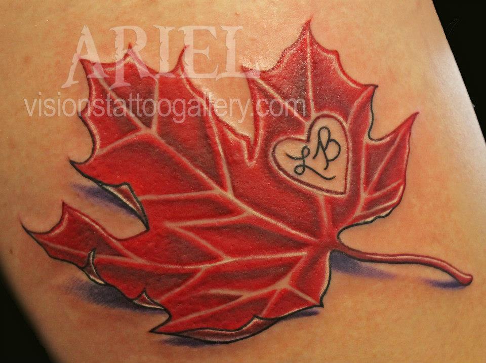 3D Heart In Red Maple Leaf Tattoo Design By Ariel Robinson
