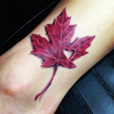 3D Heart In Red Maple Leaf Tattoo On Leg By Blacky