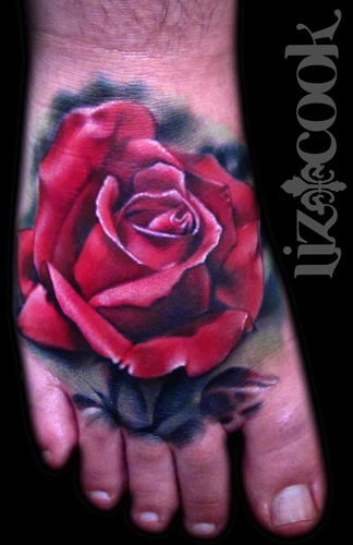 3D Red Rose Tattoo On Foot By Liz Cook