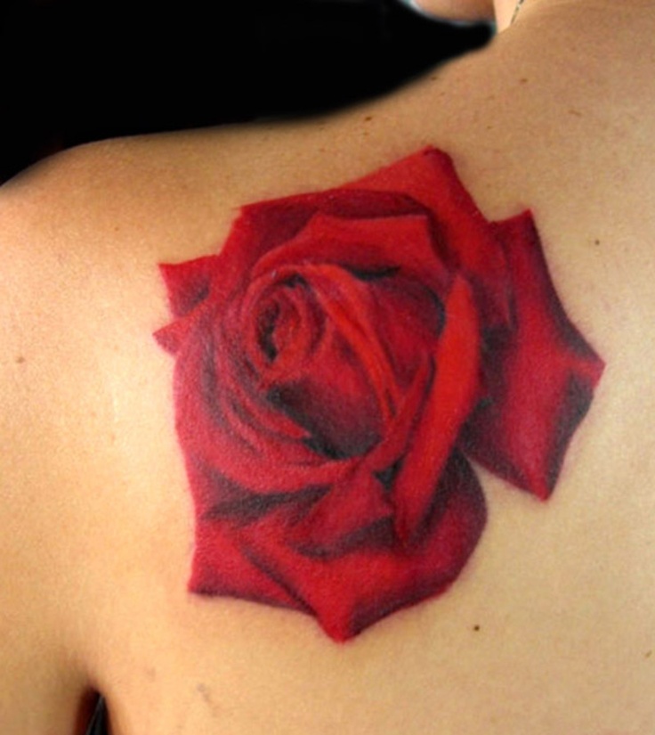 3D Red Rose Tattoo On Left Back Shoulder By Tiffany Garcia