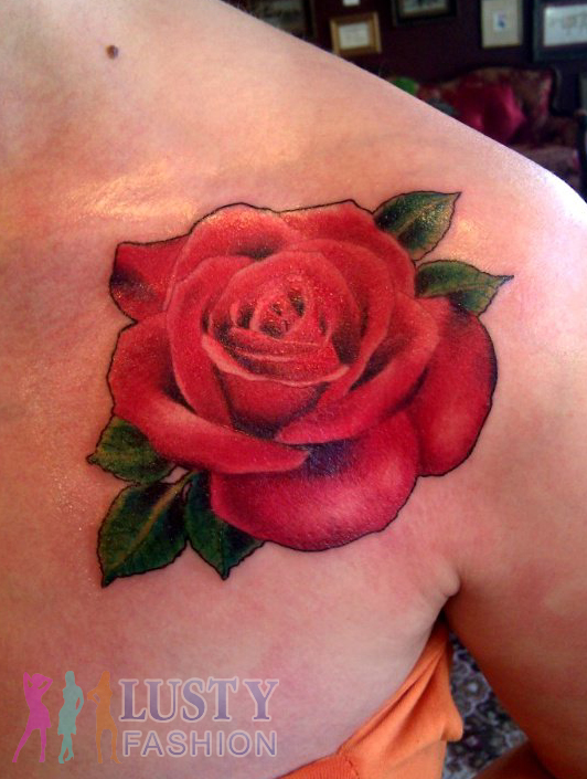 3D Red Rose With Leaves Tattoo On Left Front Shoulder By Alisa