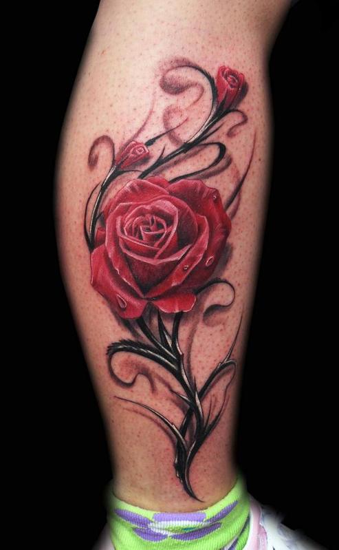 3D Red Roses Tattoo On Leg By Zhivko