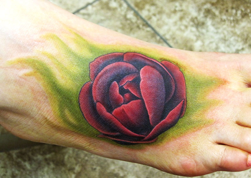 3D Red Tulip Flower Tattoo On Foot