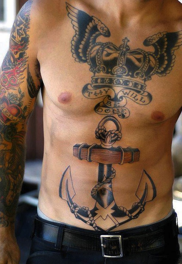 Amazing 3D Anchor With Crown And Banner Tattoo On Man Stomach