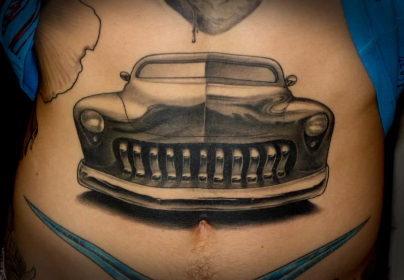 Amazing Black And Grey Car Tattoo On Stomach