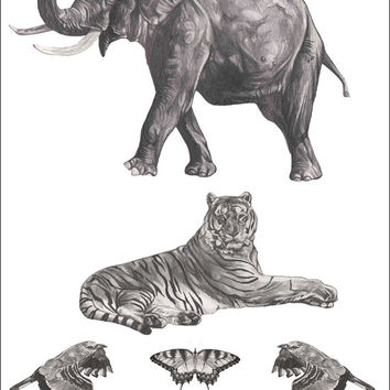 Amazing Black And Grey Indian Animals Tattoo Design