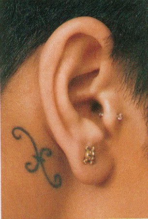 Amazing Black Pisces Symbol Tattoo On Behind The Ear