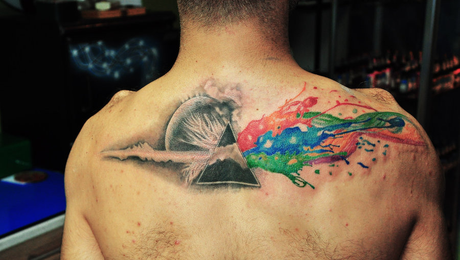 Amazing Colorful Prism Tattoo On Man Upper Back Shoulder