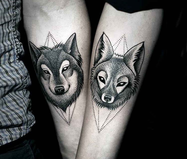 Amazing Dotwork Wolf Head Tattoo On Couple Forearm