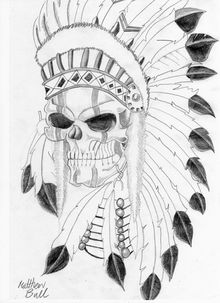 Amazing Grey Ink Indian Native Skull Tattoo Stencil