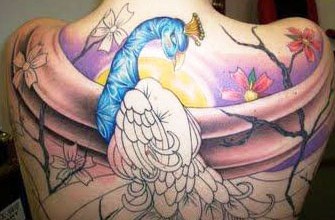 Amazing Peacock Tattoo On Girl Upper Back