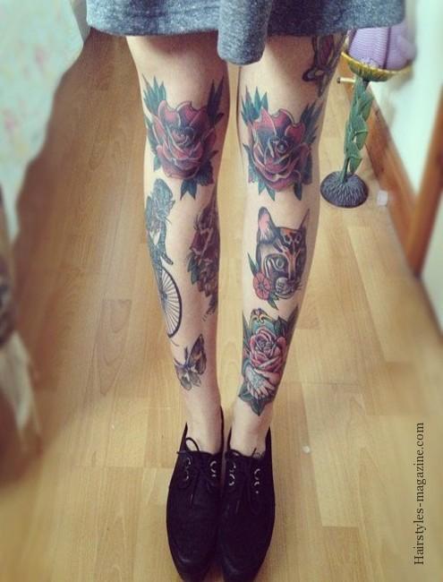 Amazing Red Roses Tattoo On Girl Both Full Leg