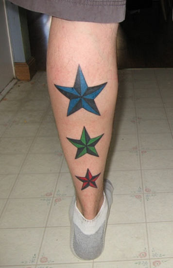 Amazing Three Nautical Star Tattoo On Leg