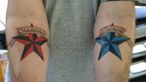 Amazing Two Nautical Star With Banner Tattoo On Both Forearm