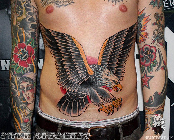Awesome Flying Eagle Tattoo On Man Stomach By Myke Chambers