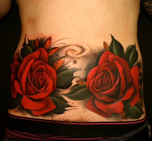 Awesome Two Red Roses Tattoo On Stomach
