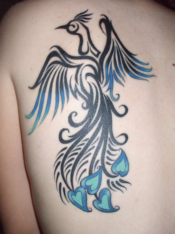 Black And Blue Tribal Peacock Tattoo On Left Back Shoulder