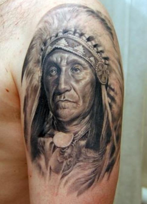 Black And Grey 3D Indian Native Tattoo On Man Left Shoulder