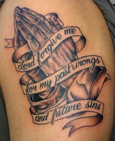 Black And Grey 3D Praying Hands With Banner Tattoo On Shoulder