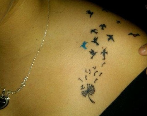 Black And Grey Dandelion With Flying Birds Tattoo On Collarbone