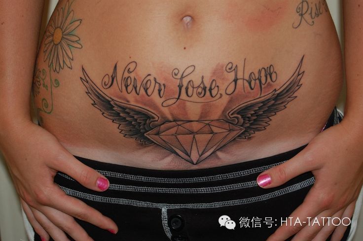 Black And Grey Diamond With Wings Tattoo On Stomach
