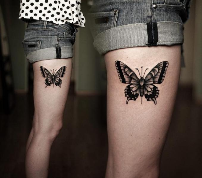 Black And Grey Dotwork Butterfly Tattoo On Side Thigh