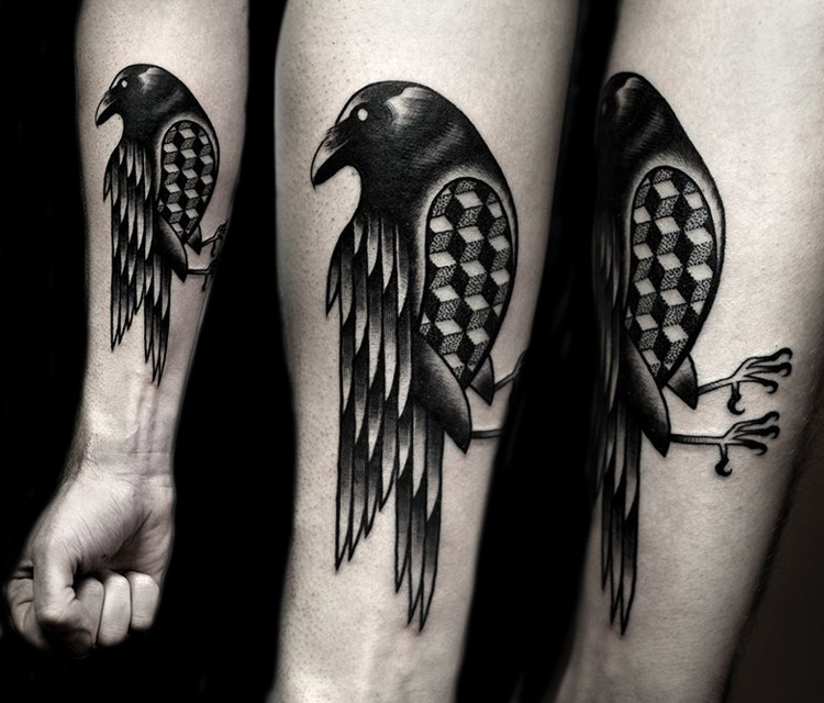 Black And Grey Dotwork Crow Tattoo On Forearm By Kamil Czapiga