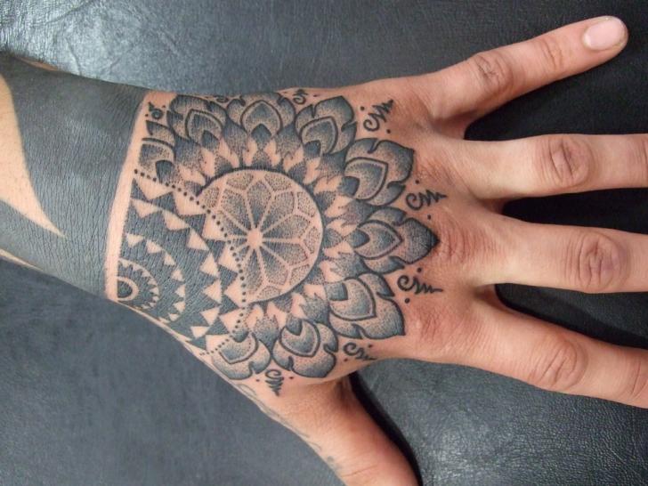 Black And Grey Dotwork Flower Tattoo On Hand