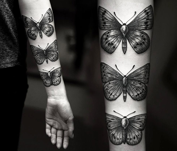 Black And Grey Dotwork Three Butterfly Tattoo On Forearm