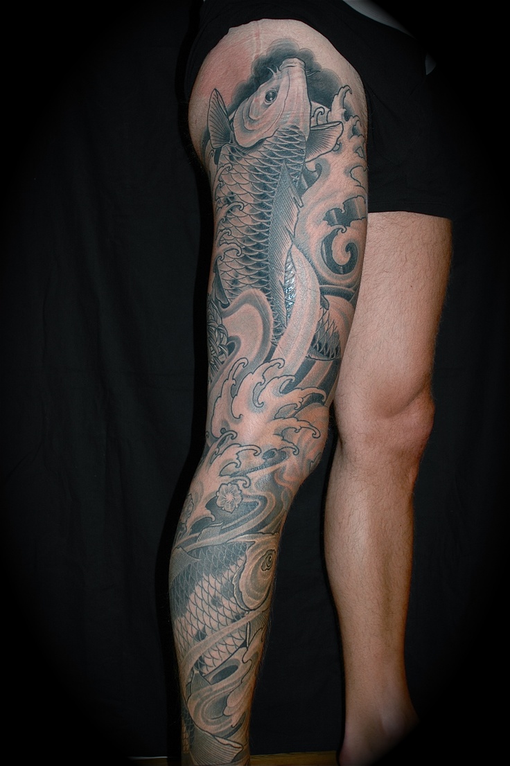Black And Grey Fish In Ocean Tattoo On Full Leg