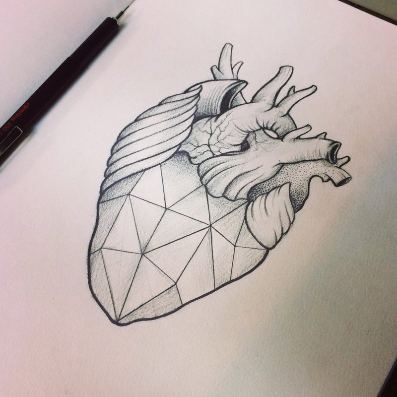 Black And Grey Geometric Real Heart Tattoo Stencil By Savas Dogan