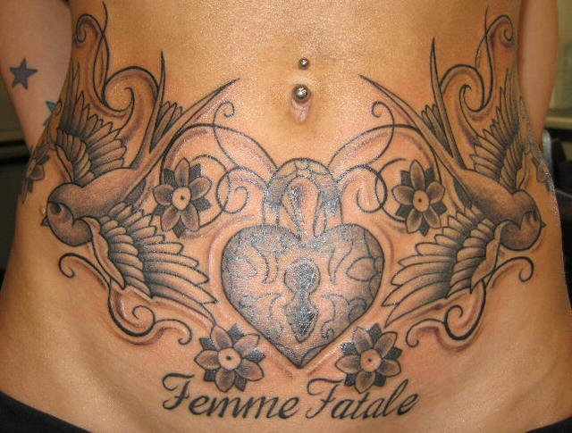 Black And Grey Heart Shape Lock With Flying Birds Tattoo On Stomach