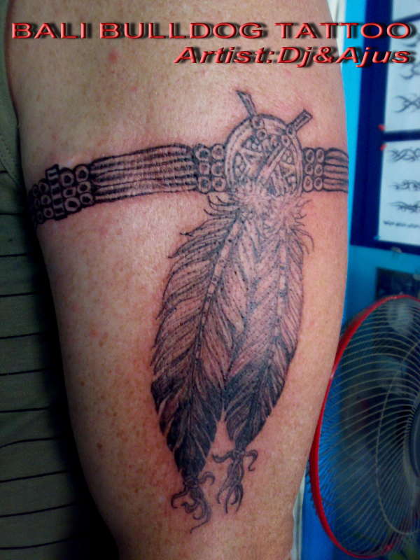Black And Grey Indian Feather Tattoo On Man Half Sleeve