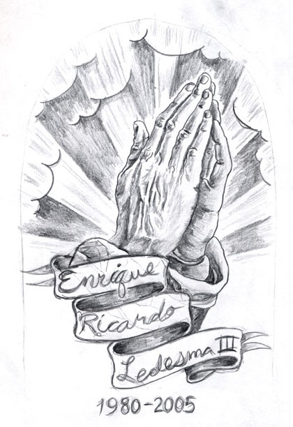 Black And Grey Memorial Praying Hands With Banner Tattoo Design