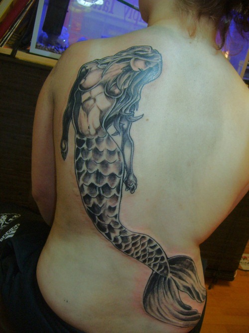 Black And Grey Mermaid Tattoo On Girl Full Back