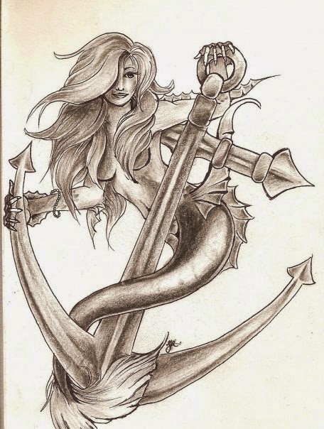Black And Grey Mermaid With Anchor Tattoo Design