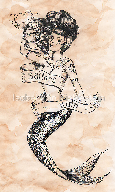 Black And Grey Mermaid With Banner Tattoo Design By Isobel Von Finklestein