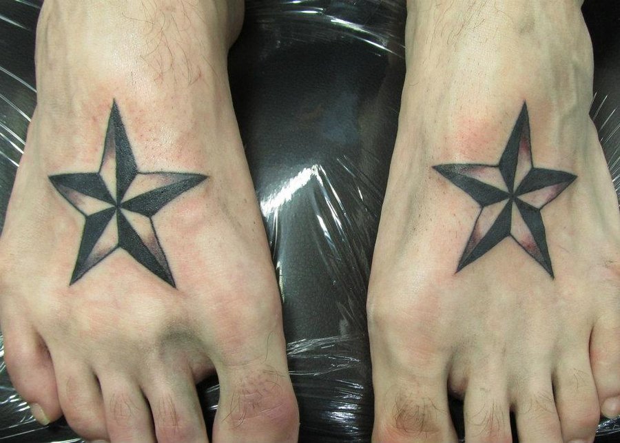 Black And Grey Nautical Star Tattoo On Feet By Karin Hein