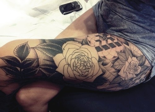 Black And Grey Rose With Leaves Tattoo On Full Leg