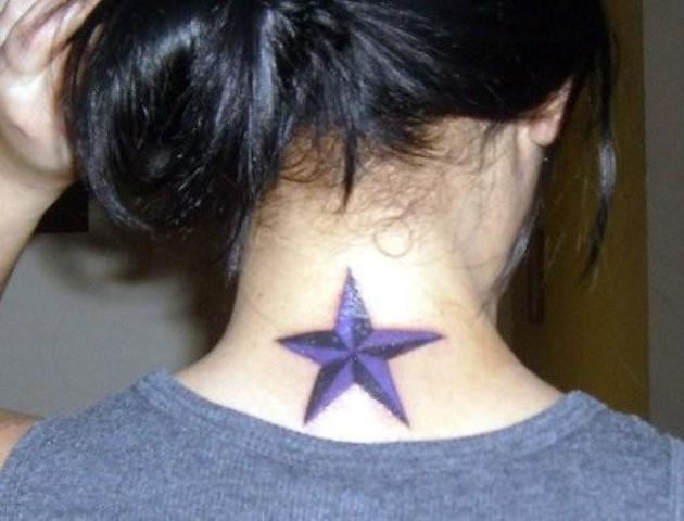 Black And Purple Nautical Star Tattoo On Girl Back Neck