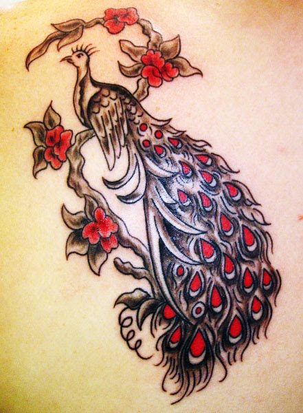 Black And Red Peacock Tattoo Design