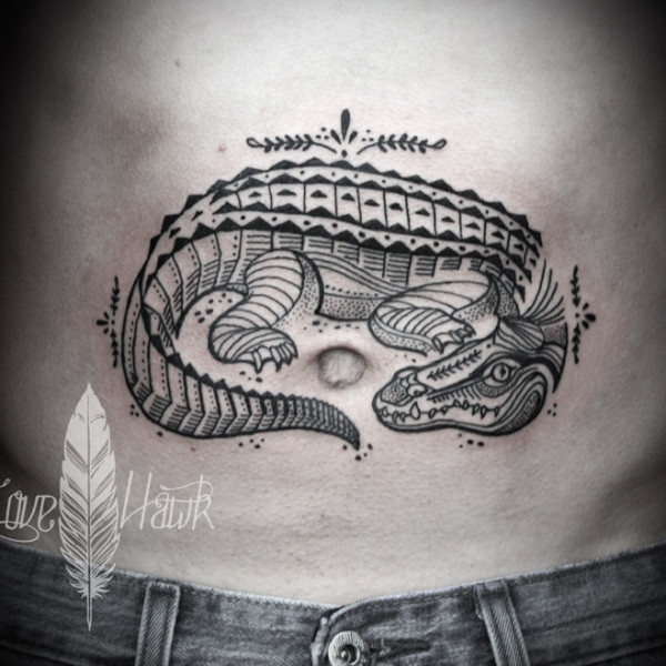 Black Dotwork Crocodile Tattoo On Stomach