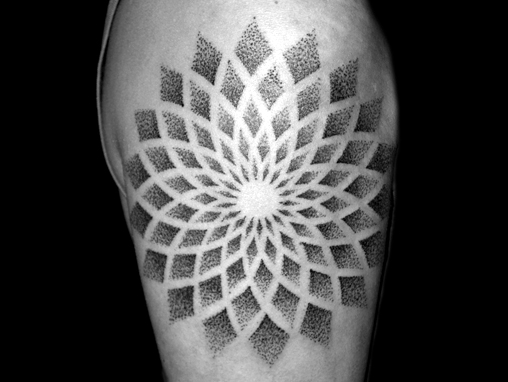 Black Dotwork Flower Tattoo On Shoulder