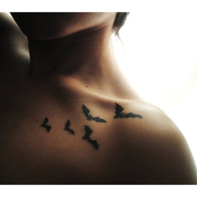 Black Flying Bats Tattoo On Collarbone