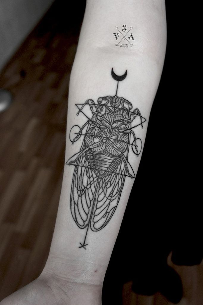 Black Geometric Fly Tattoo On Forearm