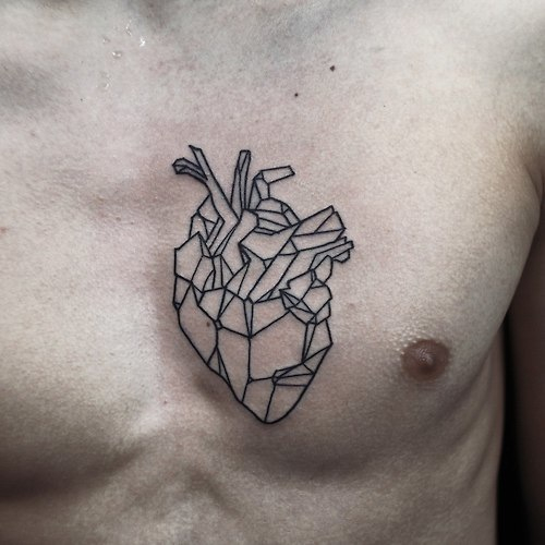 Black Geometric Heart Tattoo On Man Chest