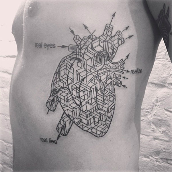 Black Geometric Real Heart Tattoo On Man Side Rib