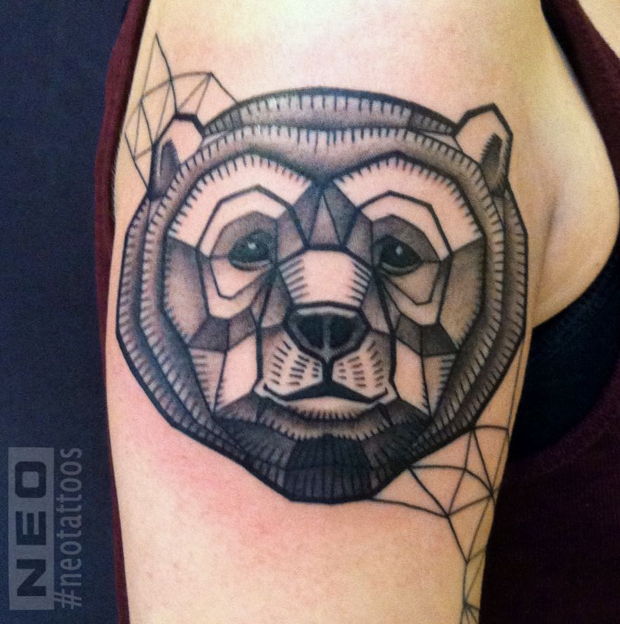 Black Ink Geometric Bear Head Tattoo On Half Sleeve