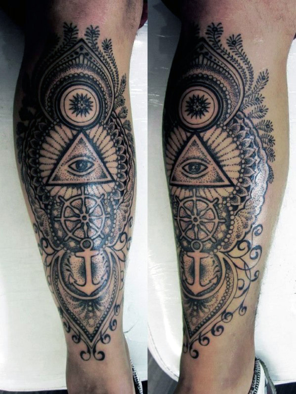 Black Ink Illuminati Eye With Anchor And Wheel Tattoo On Both Full Leg